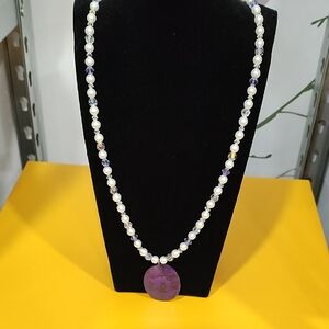 Source Unknown Purple and White Beaded Necklace